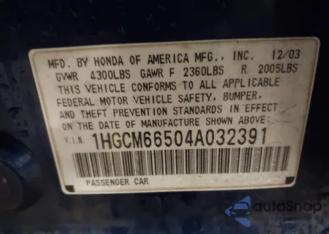 2004 Honda Accord 3.0 Ex z USA, uszkodzony, nr VIN 1HGCM66504A032391